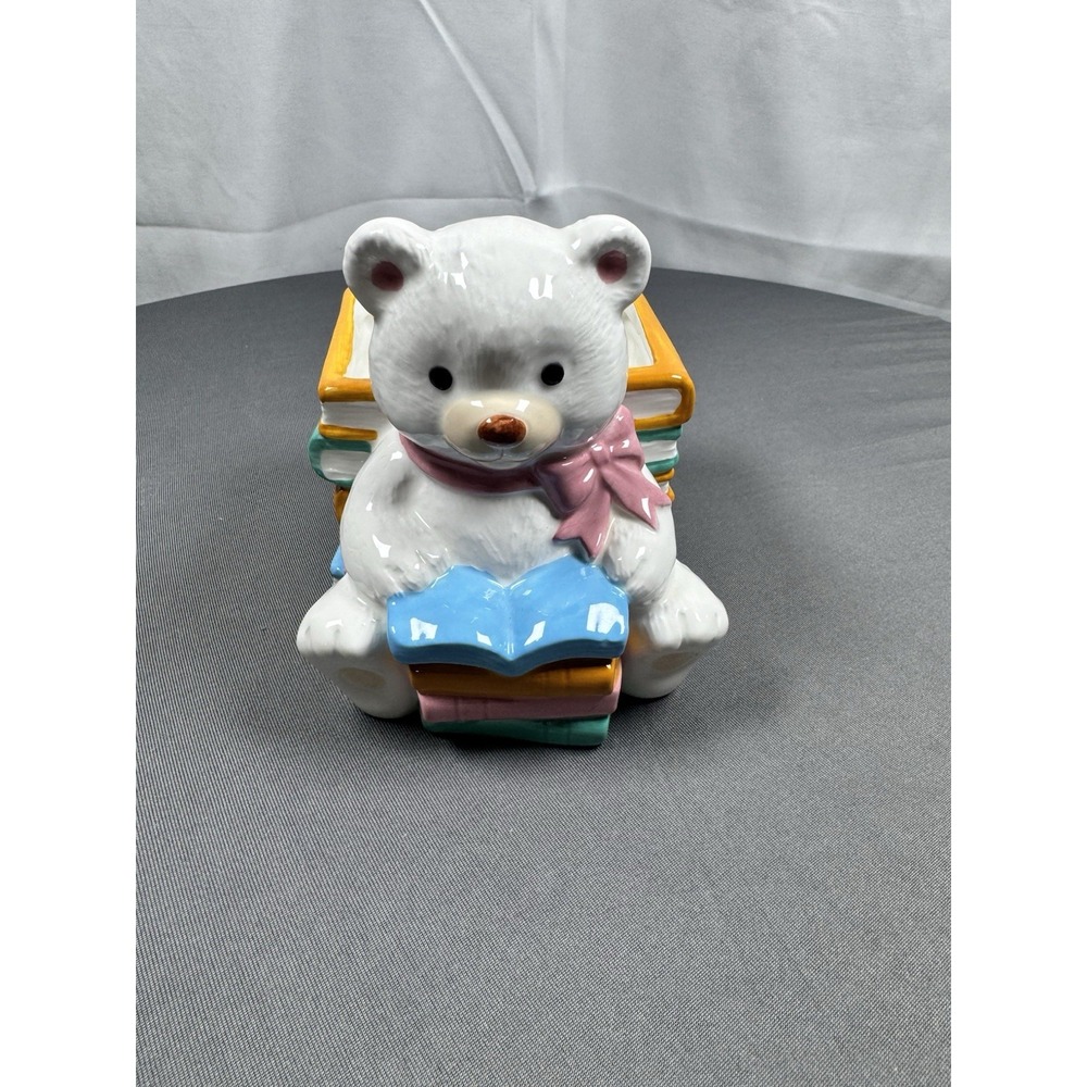 Vintage Inarco Ceramic Bear Planter Figurine Stack of Books Pastel Nursery Decor